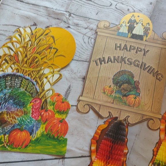 Vintage Thanksgiving cardboard cutout honeycomb decorations turkey scarecrows - Picture 6 of 9